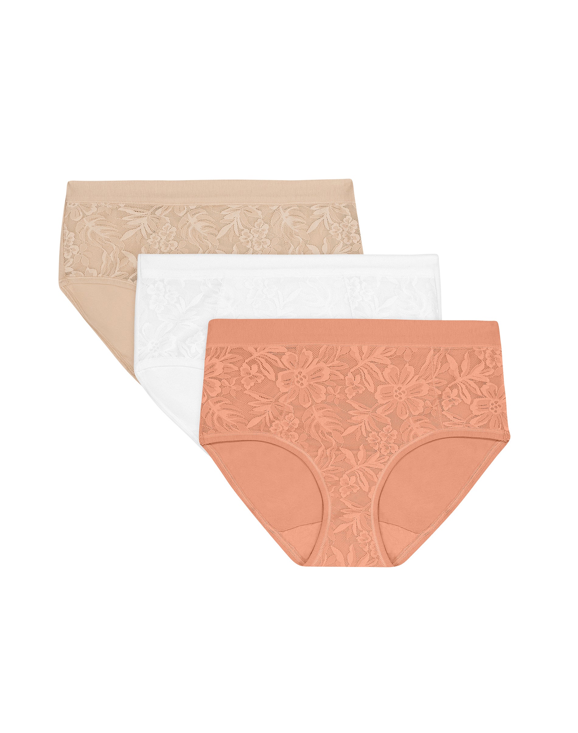 Bali Breathe Underwear Hipsters Pack, 3-Pack, Breathable, Lace, Full Coverage Almond/White/Misted Rose 2XL Women's