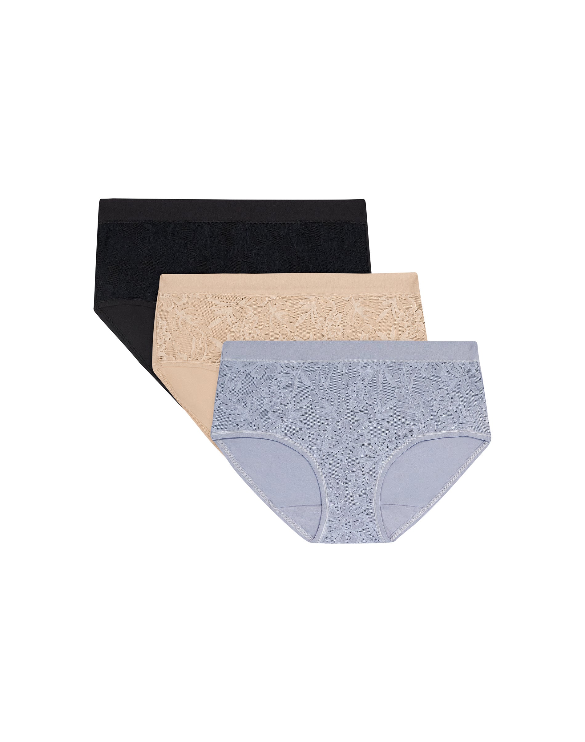 Bali Breathe Underwear Hipsters Pack, 3-Pack, Breathable, Lace, Full Coverage Black/Almond/Silver Satin 2XL Women's