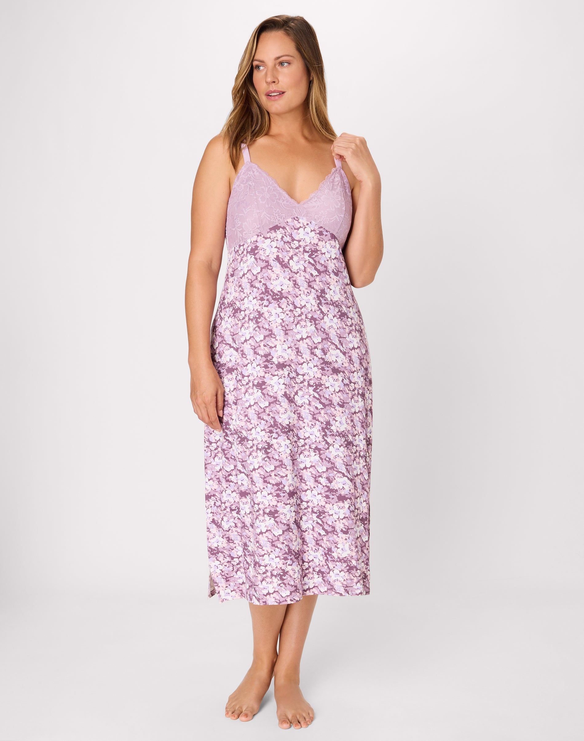 Bali Breathe Nightgown, Lace Trim Currant Purple Garden Flor Prt L Women's