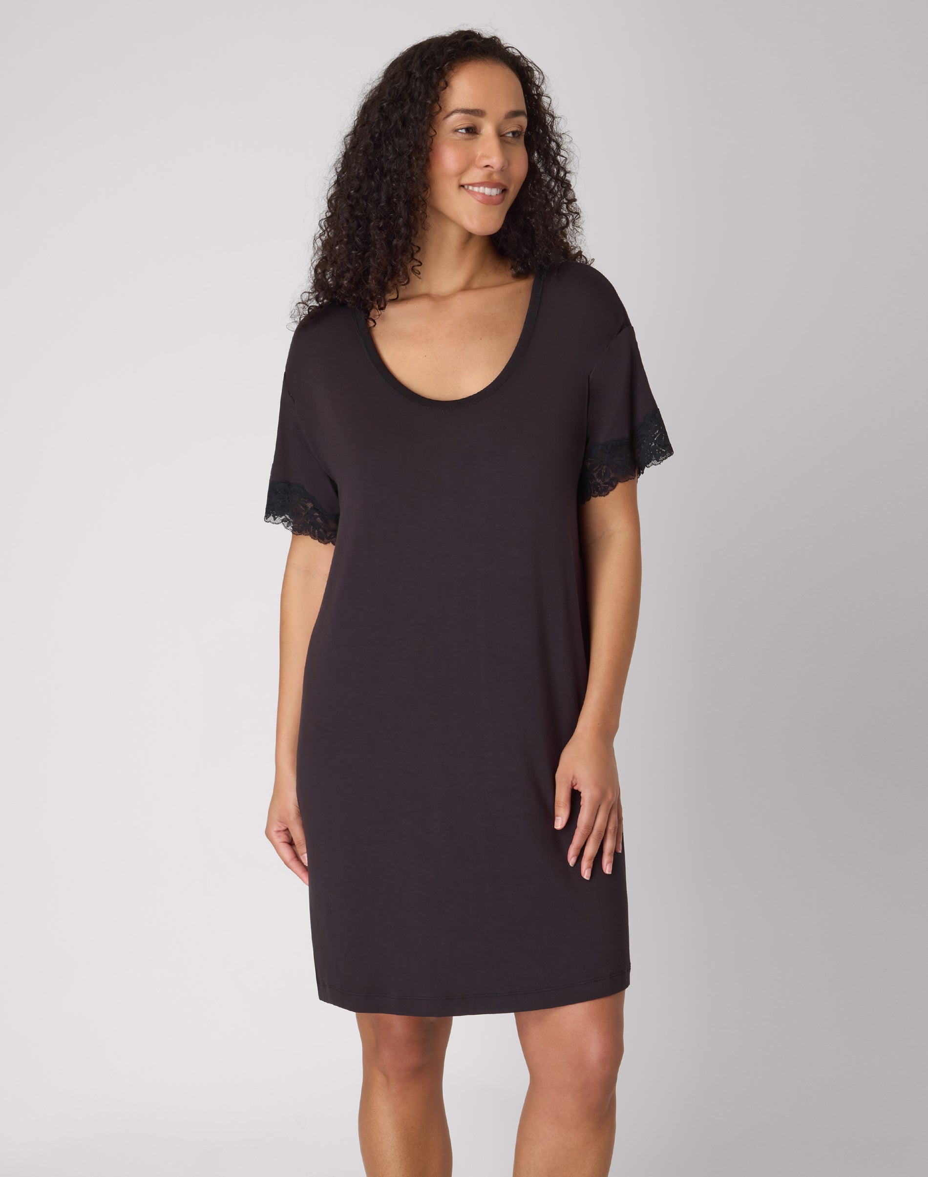 Bali Breathe Sleep Shirt with Lace Trim, Loose Fit Black L Women's