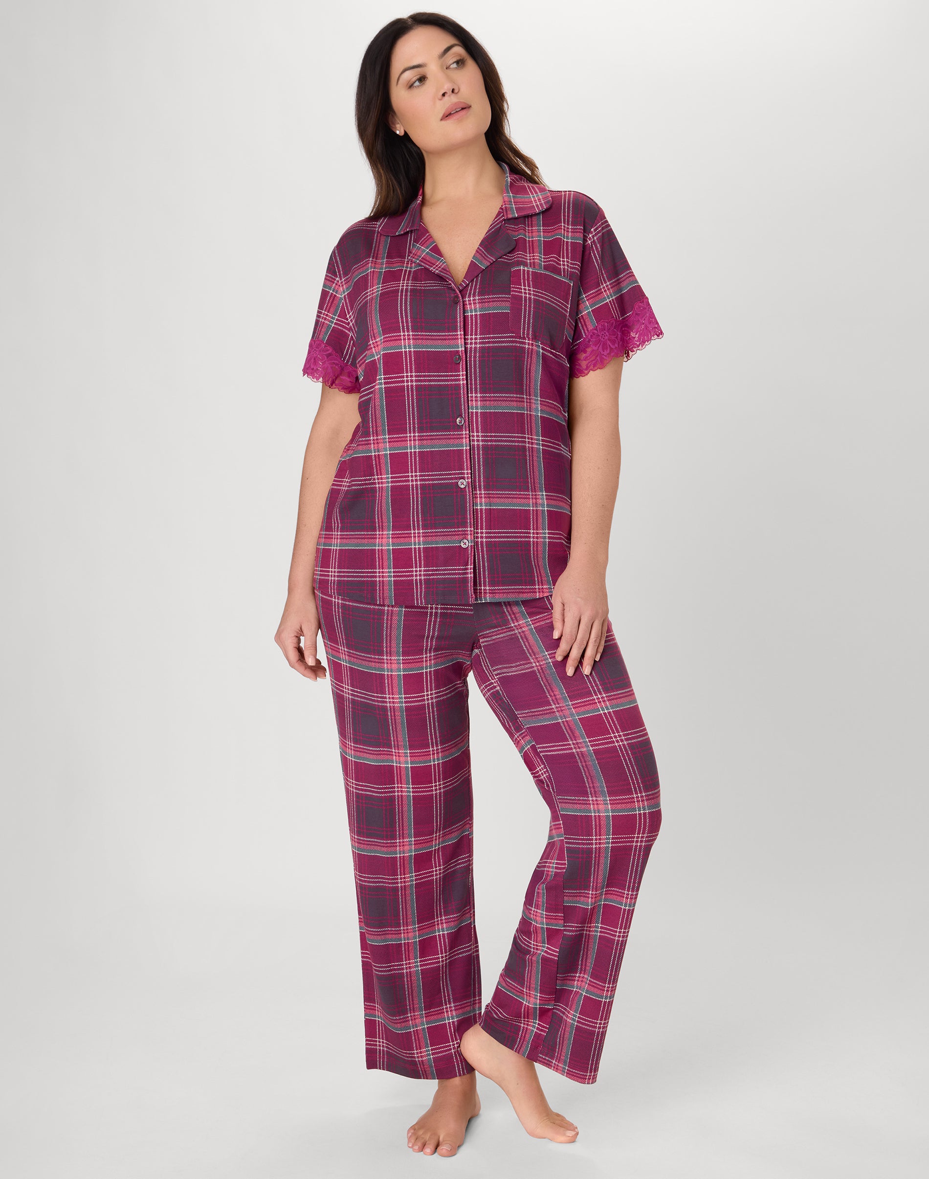 Bali Breathe Women's Pajama Set, Breathable Two-Piece Loungewear Fireplace Plaid Print L