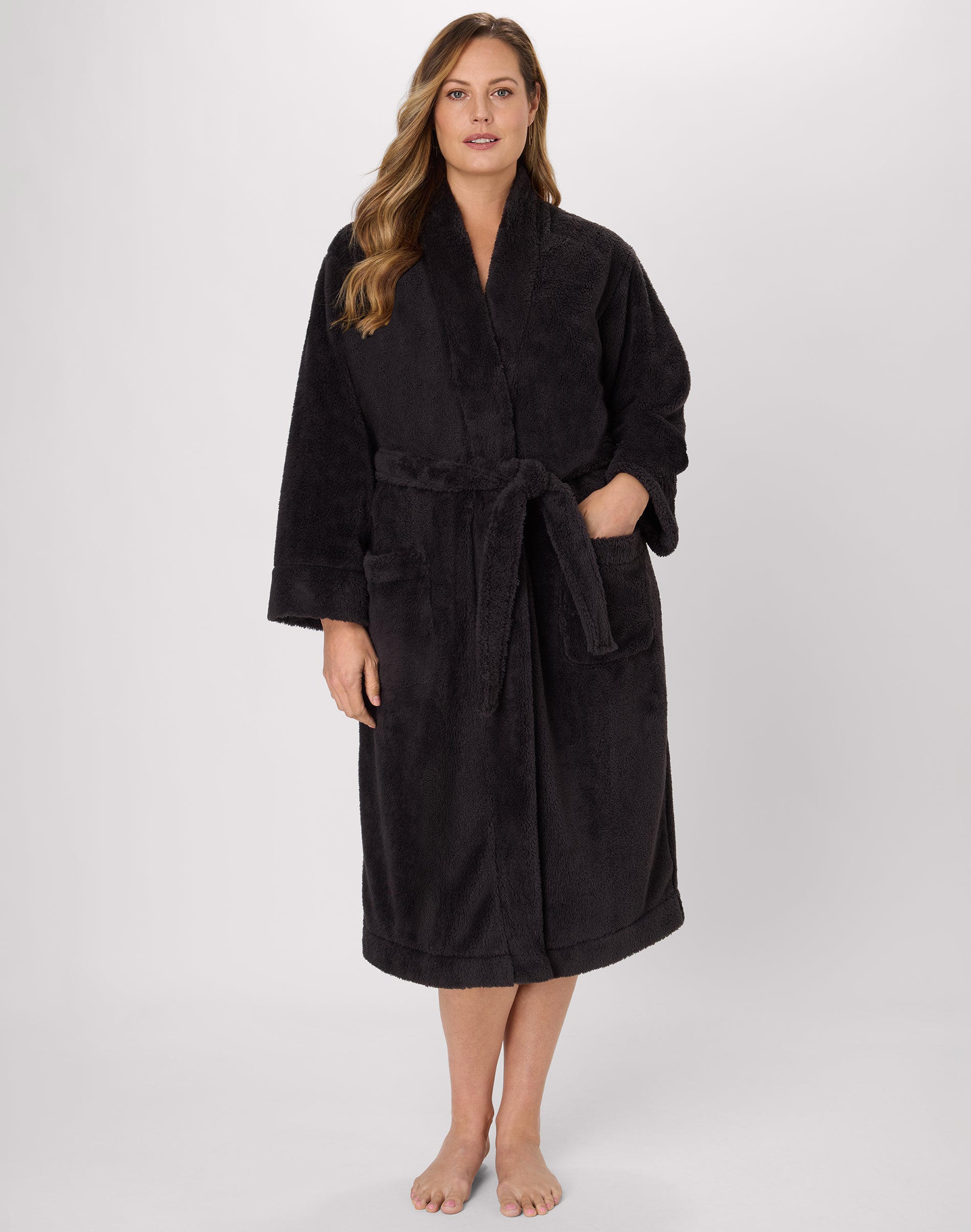 Bali Breathe Women's Robe, Plush Loungewear, Cozy Fleece Black L/XL